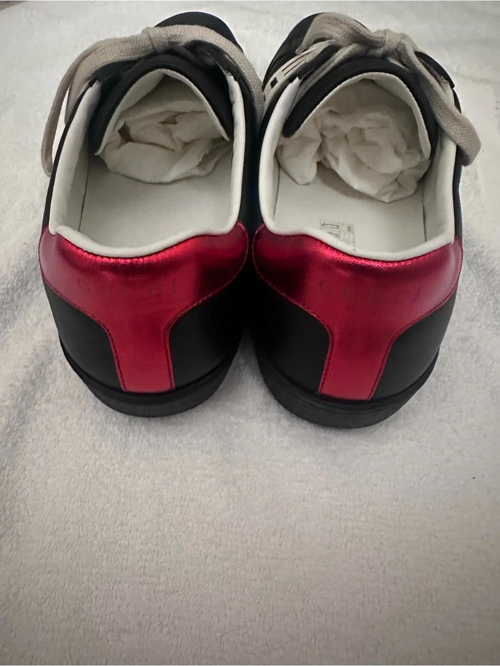 Gucci Black Leather Sneakers with Cream Strap and Red Accent